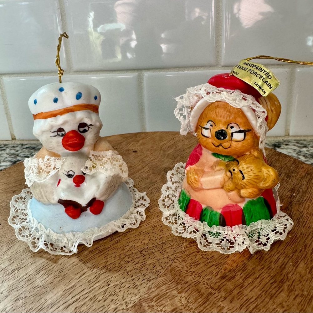 Vintage Jasco Caring Critter Hand Painted Porcelain Bell Ornaments—Set of‎ 2